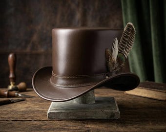 Genuine Leather Top Hat, Vintage Steampunk Gothic Style, Feather Accent