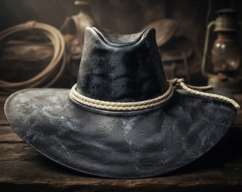 Distressed Leather Cowboy Hat, Rustic Western Fedora, Hand-Shaped Headwear