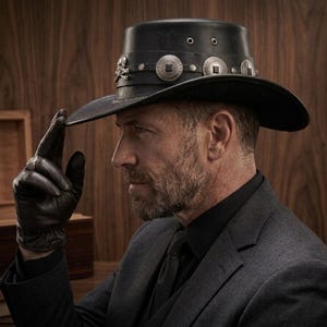 May include: Black leather cowboy hat with silver embellishments, including skull and crossbones and circular designs. The hat has a wide brim and is worn by a person wearing a black suit and gloves. The hat is a western-themed accessory.
