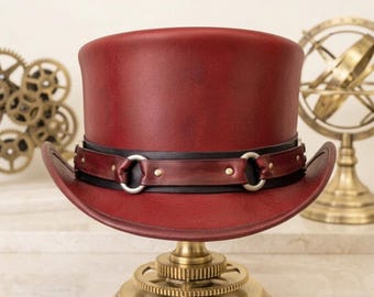 Oxblood Red Leather Top Hat – Distressed Crimson Steampunk Gothic Headwear