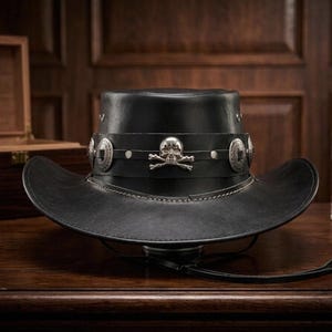 May include: Black leather cowboy hat with a wide brim and a decorative band featuring silver-toned embellishments and a skull and crossbones emblem. The hat is displayed on a wooden surface.