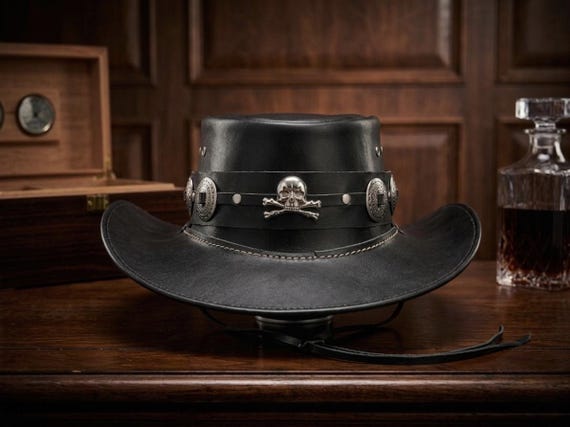 Handmade Black Leather Top Hat, Skull Crossbones, Gothic Steampunk Biker Cowboy Gear