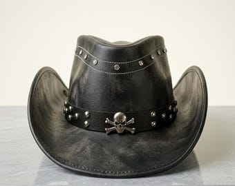 Distressed Leather Cowboy Hat – Skull Western Biker Cap