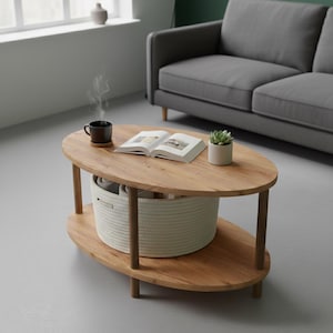 Puede incluir: Mesa de centro ovalada de madera con un estante inferior y una cesta tejida. Una taza negra humeante, un libro abierto y una pequeña planta suculenta en maceta están sobre la mesa. La mesa está en un salón con un sofá gris.