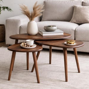 Puede incluir: Juego de tres mesas de centro de madera anidadas con acabado marrón oscuro. Cada mesa tiene una forma triangular redondeada y patas cónicas. Un jarrón blanco con plantas secas y un cuenco pequeño están en la mesa superior.