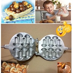 May include: A metal mushroom-shaped waffle iron, open to reveal the molds. The image also shows baked mushroom-shaped pastries in a basket, a child pouring milk into a glass, and a thumbs-up emoji.