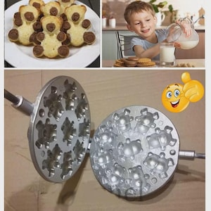 May include: A plate of bear-shaped cookies with chocolate accents. A young child pours milk into a glass. Two metal bear-shaped waffle makers are also shown.