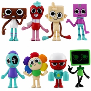 Puede incluir: Una colecci&oacute;n de ocho figuras de personajes de dibujos animados coloridos. Cada figura tiene un dise&ntilde;o &uacute;nico, con varias formas para cabezas y cuerpos, y diferentes combinaciones de colores. Algunas figuras tienen brazos y piernas, otras tienen ap&eacute;ndices. Las figuras est&aacute;n de pie.