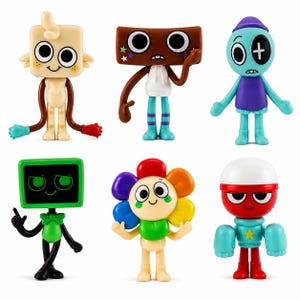 Puede incluir: Seis figuras de personajes de dibujos animados coloridos. Las figuras tienen varias formas, incluyendo un cuadrado, un rect&aacute;ngulo y una flor. Cada figura tiene un dise&ntilde;o &uacute;nico, con diferentes colores y expresiones faciales. Las figuras son de pl&aacute;stico.