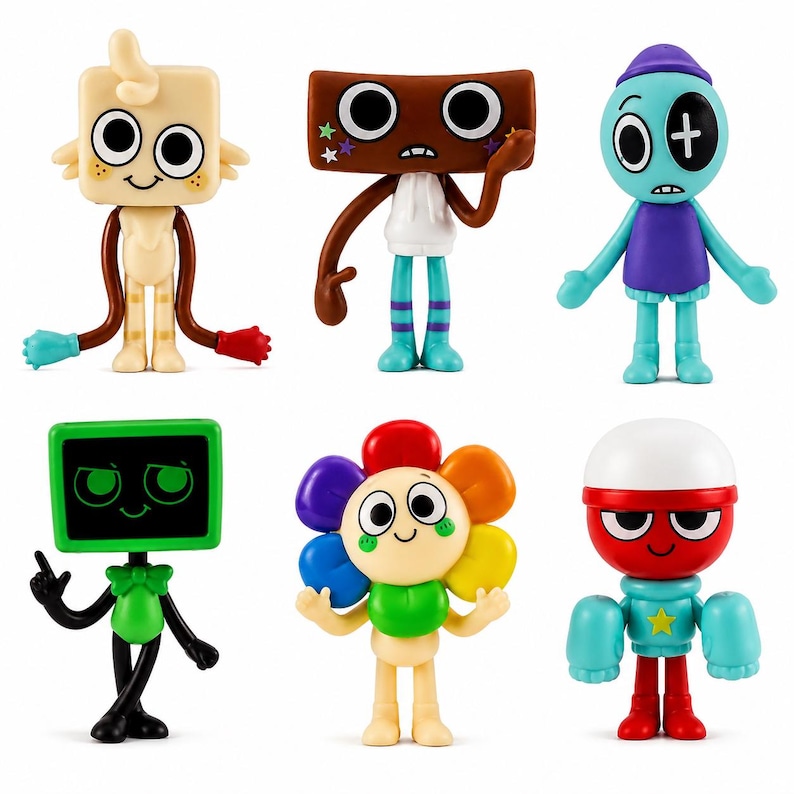 Puede incluir: Seis figuras de personajes de dibujos animados coloridos. Las figuras tienen varias formas, incluyendo un cuadrado, un rect&aacute;ngulo y una flor. Cada figura tiene un dise&ntilde;o &uacute;nico, con diferentes colores y expresiones faciales. Las figuras son de pl&aacute;stico.