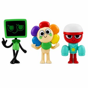 Puede incluir: Tres figuras de personajes de dibujos animados coloridos. Uno es un cuadrado verde con una cara, otro es un personaje en forma de flor con p&eacute;talos de arco&iacute;ris, y el tercero es un personaje rojo con un casco blanco y detalles azules.