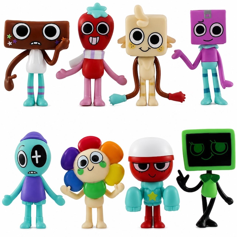Puede incluir: Una colecci&oacute;n de ocho figuras de personajes de dibujos animados coloridos. Cada figura tiene un dise&ntilde;o &uacute;nico, con varias formas para cabezas y cuerpos, y diferentes combinaciones de colores. Algunas figuras tienen brazos y piernas, otras tienen ap&eacute;ndices. Las figuras est&aacute;n de pie.