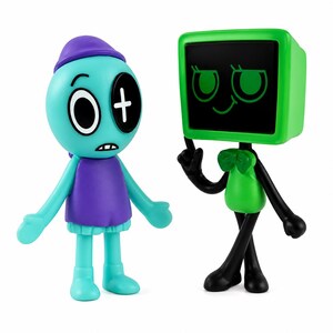 Puede incluir: Dos figuras caprichosas. Una es de color turquesa con un atuendo morado y un ojo en forma de cruz. La otra es verde con una cabeza negra en forma de pantalla y extremidades negras. Las figuras tienen un dise&ntilde;o de dibujos animados y probablemente sean juguetes o art&iacute;culos de colecci&oacute;n.