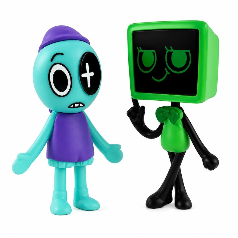 Puede incluir: Dos figuras caprichosas. Una es de color turquesa con un atuendo morado y un ojo en forma de cruz. La otra es verde con una cabeza negra en forma de pantalla y extremidades negras. Las figuras tienen un dise&ntilde;o de dibujos animados y probablemente sean juguetes o art&iacute;culos de colecci&oacute;n.