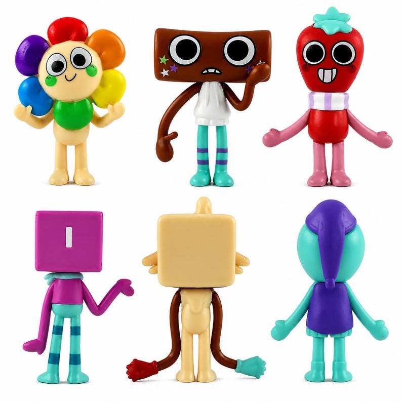 Puede incluir: Una colecci&oacute;n de seis figuras de personajes de dibujos animados coloridos. Las figuras tienen varias formas, incluyendo una flor, una fresa y un cuadrado. Cada figura tiene un dise&ntilde;o y una combinaci&oacute;n de colores &uacute;nicos, con brazos y piernas.