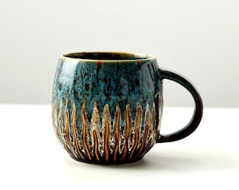 Taza de café grande de cerámica con esmalte Raku, taza de té de cerámica estilo boho, soporte para bebidas hecho a mano de 20 oz