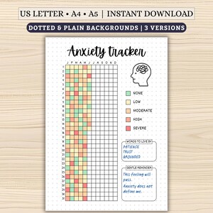 May include: Anxiety tracker printable with a grid for tracking daily feelings. The chart includes a color-coded key for anxiety levels: none, low, moderate, high, and severe. Includes inspirational reminders and words to live by.