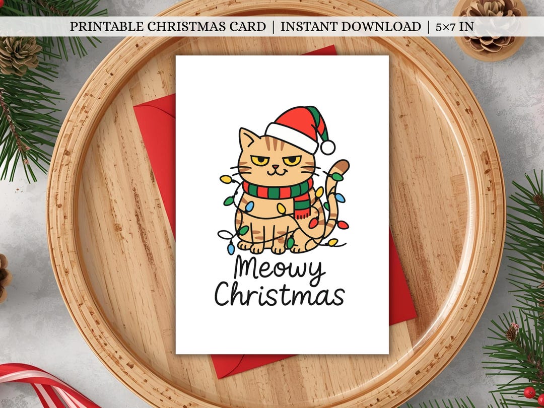 Meowy Christmas Card Printable | Cute Cat Pun Holiday Card | Funny Card ...