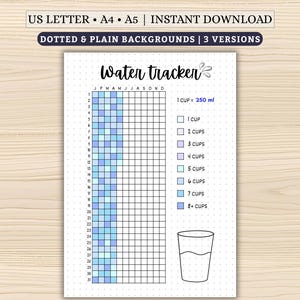 May include: A printable water tracker with a grid for daily water intake, featuring a blue and white color scheme. The tracker includes a cup graphic and text that reads "Water tracker" and "1 cup = 250 ml". The document is available in US Letter, A4, and A5 sizes.