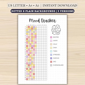 Könnte beinhalten: Ein druckbarer Stimmungstracker mit gepunktetem Hintergrund. Der Tracker enthält ein Raster für tägliche Einträge, farbcodierte Stimmungsindikatoren und den Text "Mood tracker". Der obere Text lautet "US LETTER • A4 • A5 | INSTANT DOWNLOAD".