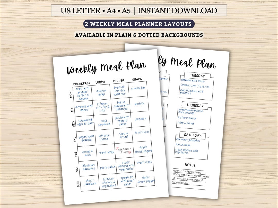 Weekly Meal Planner Printable, 7 Day Menu Plan, Food Diary, Meal Plan ...