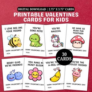May include: Printable Valentine's Day cards for kids. Each card features a cute illustration and a pun, such as a bee saying "I love bee-ing your friend." Cards measure 2.75" x 3.75" and include 30 cards.