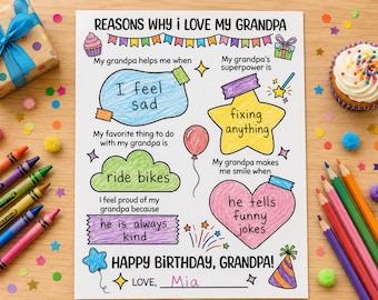 Grandpa Birthday Activity Sheet | Reasons Why I Love Grandpa Fill-In Card (Digital Download)