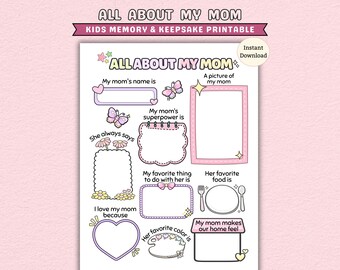 All About My Mom Keepsake Printable, Kids Colorful Memory Questionnaire Activity (PDF)
