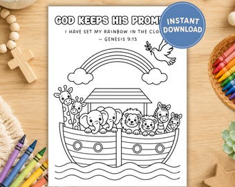 Noah’s Ark Bible Coloring Page for Kids | God Keeps His Promises, Genesis 9:13, Sunday School Printable