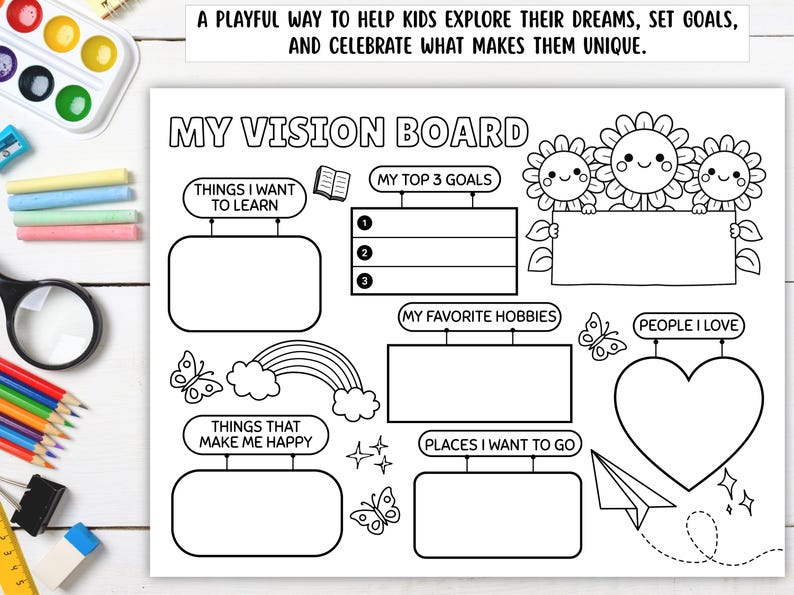 May include: A monochrome vision board with the text "MY VISION BOARD". It features sections for goals, hobbies, and things that make you happy. Decorative elements include flowers, butterflies, and a rainbow.