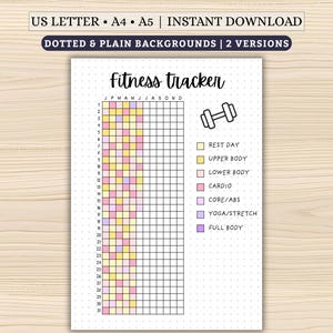 May include: A fitness tracker printable with a grid for tracking workouts. The title "Fitness tracker" is at the top. The tracker includes a dumbbell graphic and color-coded boxes for different workout types. The text "US LETTER • A4 • A5 | INSTANT DOWNLOAD" is at the top.