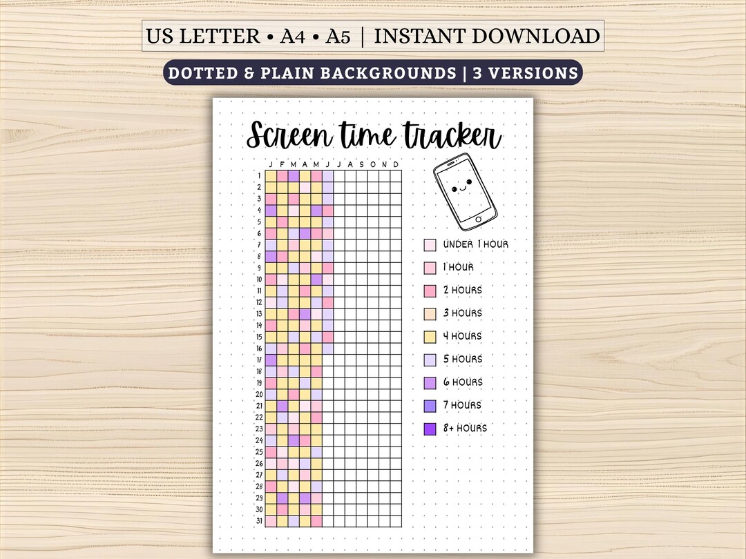 Screen Time Tracker Printable | Daily Screen Hours | Year in Pixels ...