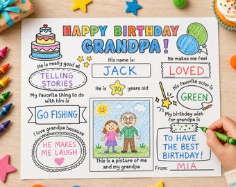 Happy Birthday Grandpa Coloring Page Printable | Fill-In Activity Placemat for kids