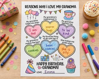 Grandma Birthday Activity Sheet, Reasons I Love Grandma, Kids Coloring Card (Digital Download)