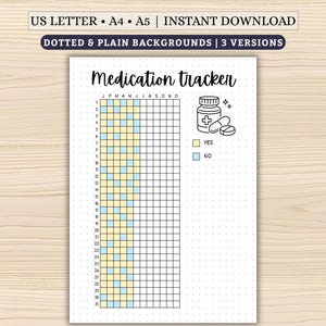 Peut inclure: Un suivi de médicaments imprimable sur papier blanc avec un fond pointillé. Le titre "Medication tracker" est en haut. Le suivi comprend une grille pour chaque jour du mois, avec des options "OUI" et "NON". Le haut de la page contient le texte "US LETTER • A4 • A5 | INSTANT DOWNLOAD".