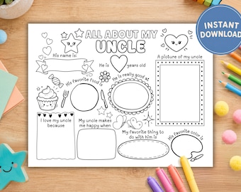 All About My Uncle Printable Worksheet, Kids Questionnaire, Coloring Activity (Digital Download)