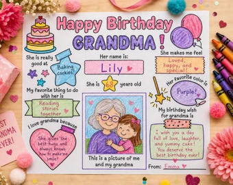 Happy Birthday Grandma Coloring Page Printable | Fill-In Activity Placemat for kids