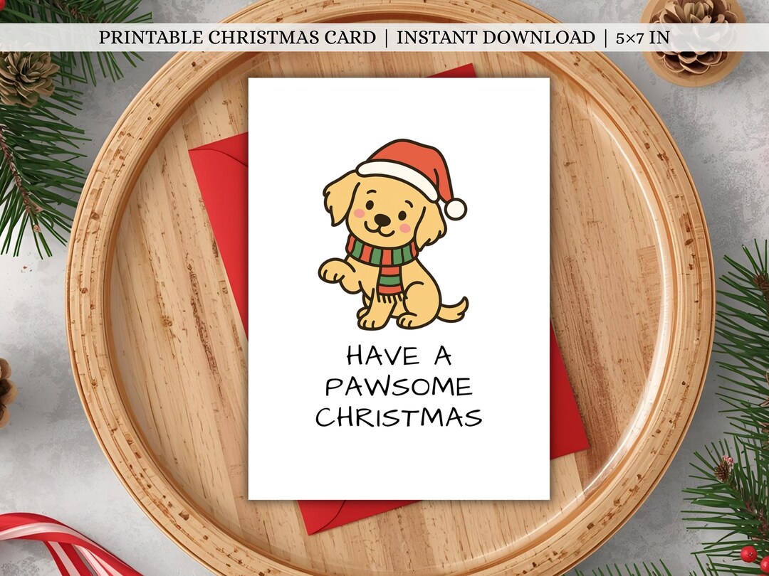 Pawsome Christmas Card Printable | Funny Dog Pun | Cute 5x7 Foldable ...
