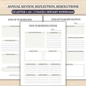 End of Year Review, Reflection & New Year Resolutions Printable | 3-Page Undated Goal Setting Worksheet