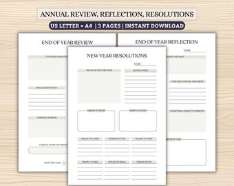 End of Year Review, Reflection & New Year Resolutions Printable | 3-Page Undated Goal Setting Worksheet