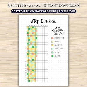 May include: A printable step tracker with a dotted background. The tracker includes a grid for daily steps, color-coded by step count, and a pair of sneakers graphic. Text at the top reads "Step tracker".