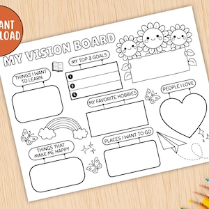 May include: A black and white printable vision board with the words "My Vision Board" at the top. The board includes sections for goals, hobbies, and things that make you happy. The words "Instant Download" are in a circle.