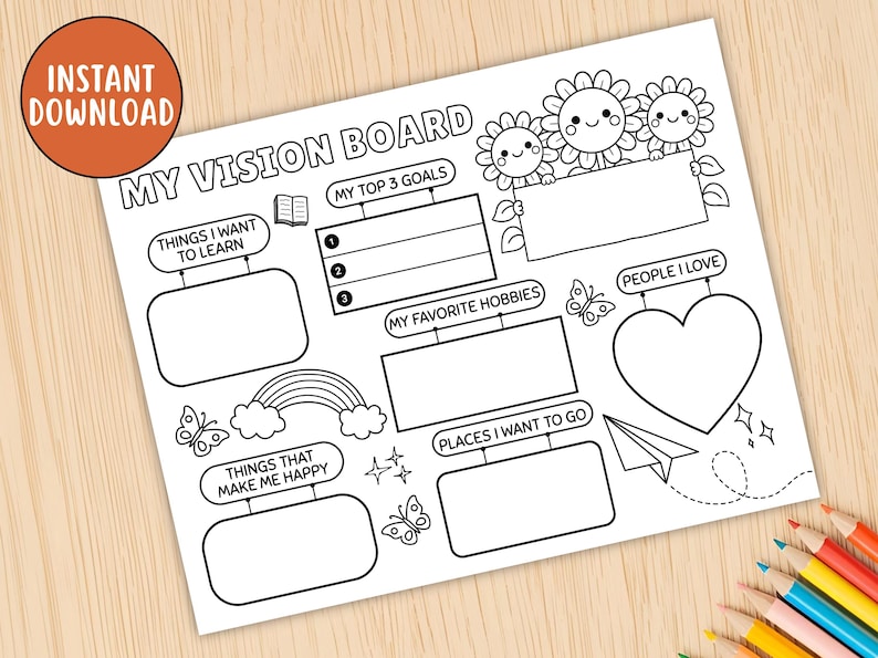 May include: A black and white printable vision board with the words "My Vision Board" at the top. The board includes sections for goals, hobbies, and things that make you happy. The words "Instant Download" are in a circle.