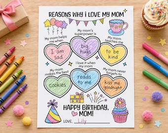 Mom Birthday Activity Sheet, Reasons I Love Mom, Kids Coloring Card for Mom (Digital Download)