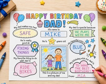 Happy Birthday Dad Coloring Page Printable | Fill-In Activity Placemat for kids