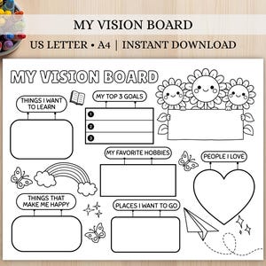 Könnte beinhalten: Schwarz-weiß druckbares Vision Board mit dem Text "MY VISION BOARD". Enthält Abschnitte für Ziele, Hobbys und Dinge, die Sie glücklich machen. Mit Illustrationen von Blumen, Schmetterlingen und einem Regenbogen.