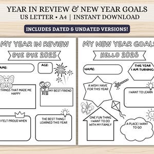 Printable Kids Year-End Review 2025 & New Year Goals 2026 | Dated + Undated Coloring Worksheet