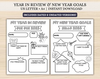 Printable Kids Year-End Review 2025 & New Year Goals 2026 | Dated + Undated Coloring Worksheet