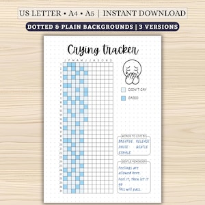 以下が含まれることがあります： 毎日の感情を追跡するためのグリッドを備えた、印刷可能な泣き声トラッカー。デザインには、泣いている顔のグラフィック、「泣かなかった」と「泣いた」のキー、インスピレーションを与えるフレーズが含まれています。上部のテキストは「Crying tracker」と表示されています。