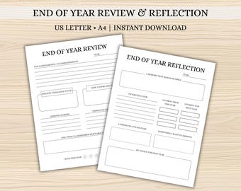 End of Year Review & Reflection Printable | Undated 2-Page Self-Growth Journal | Yearly Reflection Worksheet